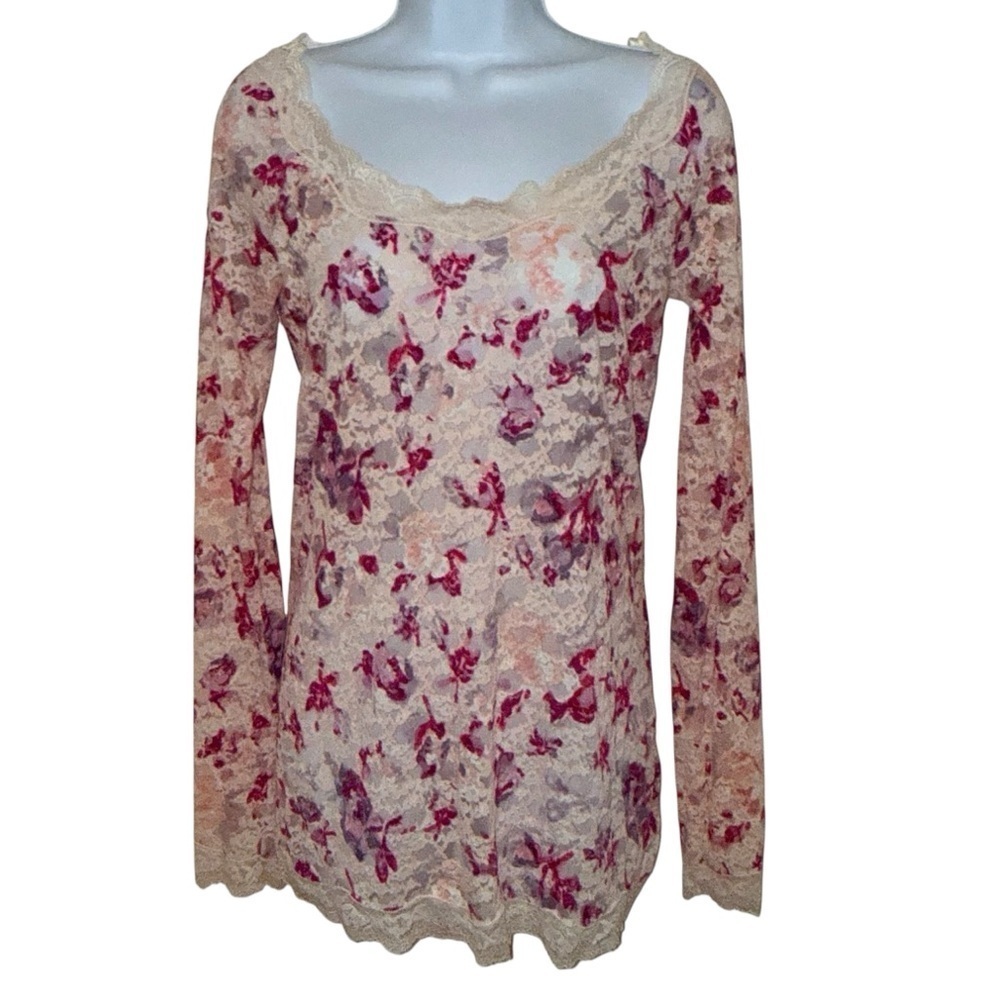Free People Sheer Lace Semi-Sheer Laying Top Sz L in Mulit-Color Floral Y2K Chic